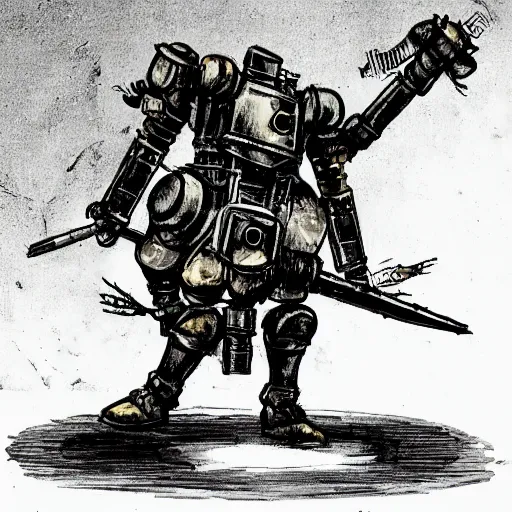 Prompt: a high fantasy WW1 experimental combat mech attacking an enemy tank in the style of desielpunk/steampunk/decopunk