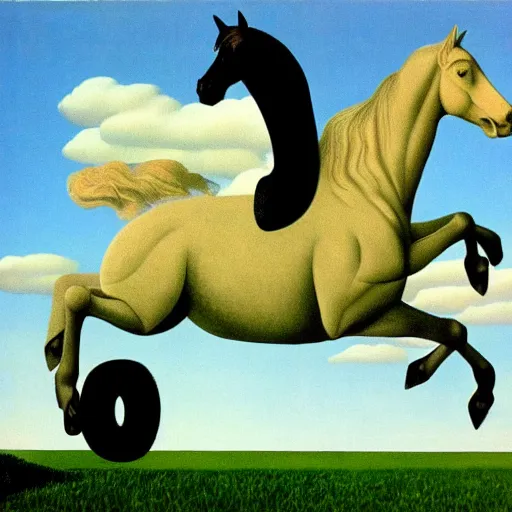 Prompt: a fast horse travel location for teleportation, painted by rene magritte