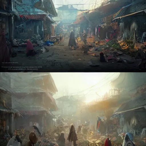 Image similar to artgerm, ilya yefimovich repin style as slum neighborhood in lord of the ring world, fantasy, photorealistic content, hyperrealistic content, high definition content, intricate, delete duplicate content, justify content center, left align, right align, ultra detailed content, ultra realistic face structure, rgb color