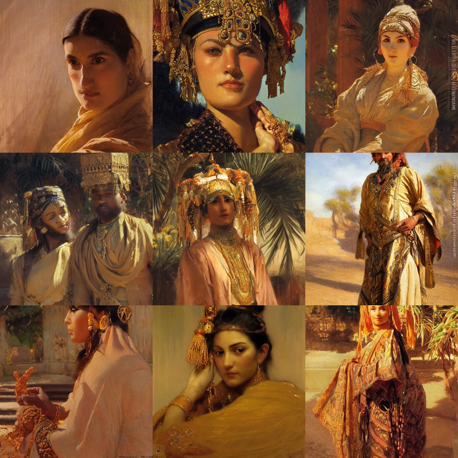 Prompt: orientalism beautiful attendant at desert temple pavilion face detail by theodore ralli and nasreddine dinet and anders zorn and nikolay makovsky and edwin longsden long, oil on canvas, masterful intricate artwork, excellent lighting, high detail 8 k