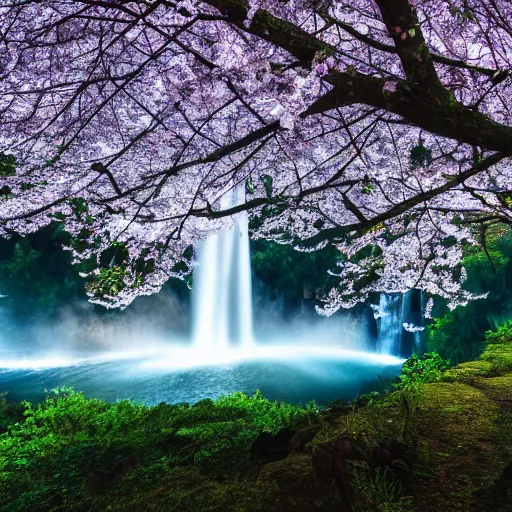 Image similar to a majestic cinematic realistic photoshoot of a beautiful forest with waterfalls, beautiful blue sky's, and birds, with a giant cherry blossom tree in the center, 4 k, coherent, incredibly detailed