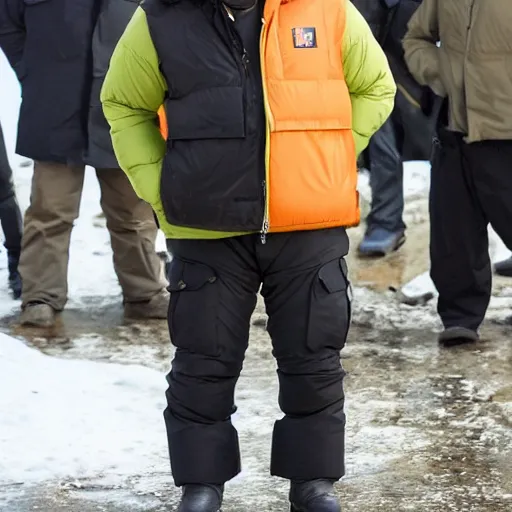 Image similar to john paul ii standing in a black puffed nuptse, black cargo pants and high black boots