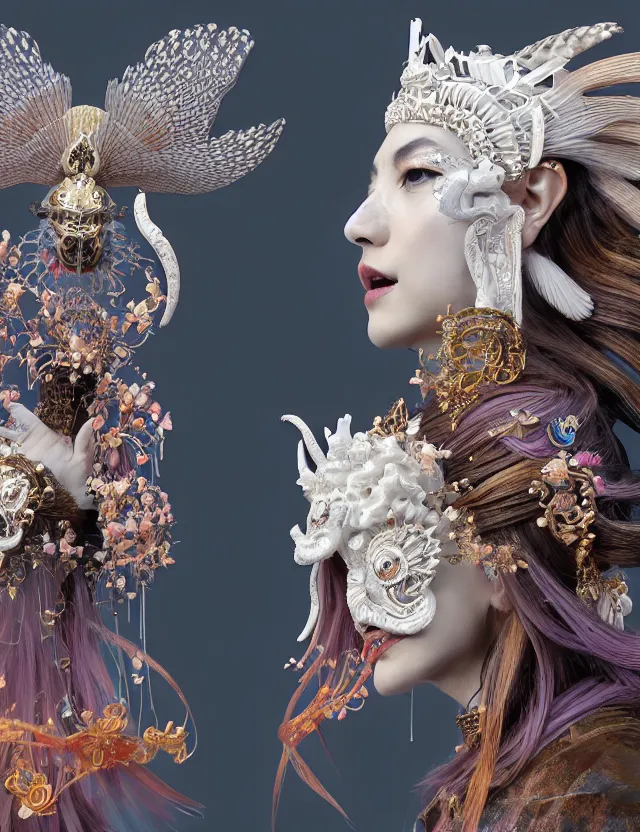 Image similar to 3 d goddess close - up profile portrait with crown, ram skull. beautiful intricately detailed japanese crow kitsune mask and clasical japanese kimono. betta fish, jellyfish phoenix, bio luminescent, plasma, ice, water, wind, creature, artwork by tooth wu and wlop and beeple and greg rutkowski