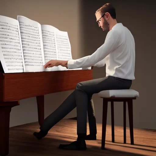 Image similar to a photorealistic photograph of a tall and handsome kidney transplant expert playing the piano. Trending on Artstation, featured on Behance, well-rendered, Unreal Engine, 4K HD