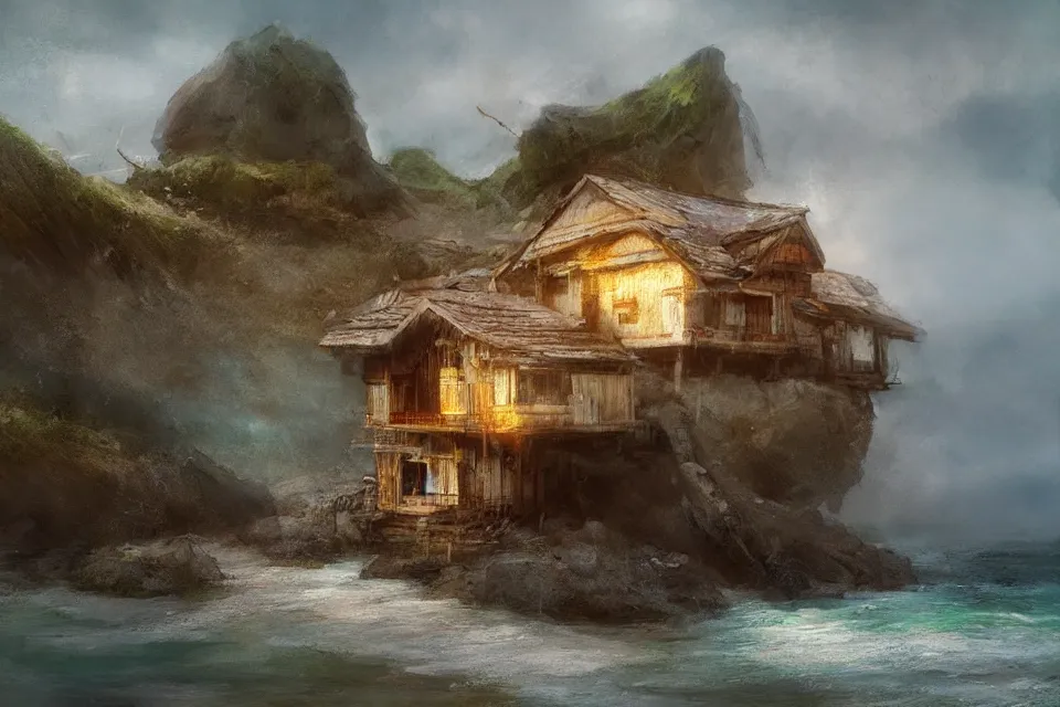 Image similar to seashell house where the lone fisherman lives, in the style of ruan jia