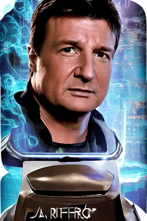 Prompt: card game of nathan fillion, full - view, futuristic, nft