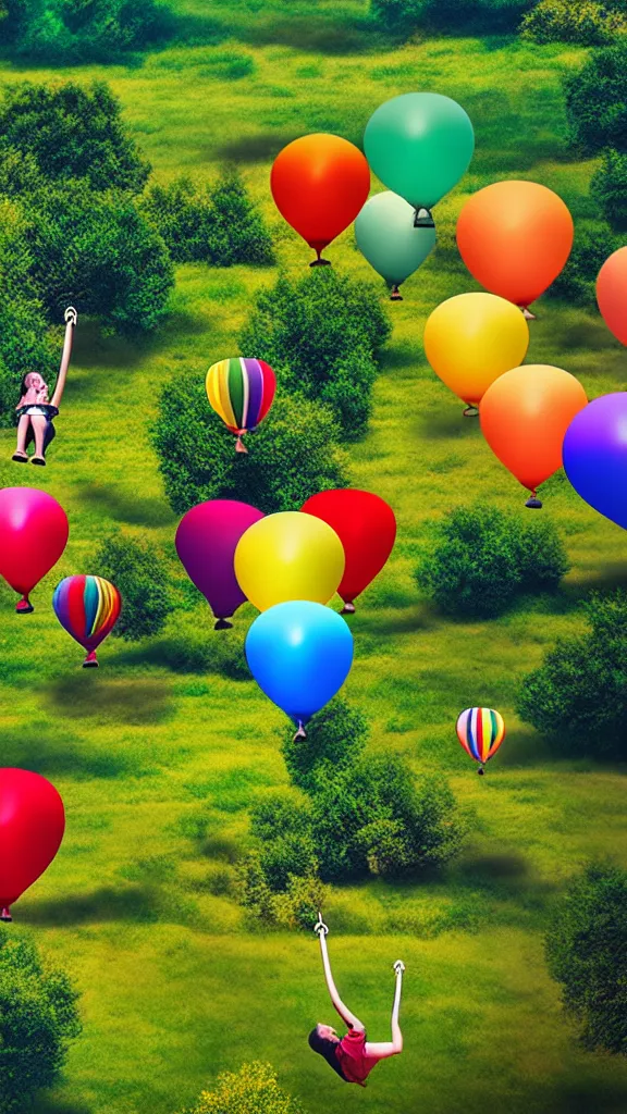 Image similar to large colorful balloons with people on rope swings underneath, flying high over the beautiful countryside landscape, professional photography, 8 0 mm telephoto lens, realistic, detailed, digital art, unreal engine