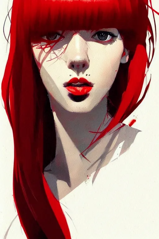 Image similar to a ultradetailed beautiful portrait panting of a stylish woman with red bangs, she is wearing a black dress, by conrad roset, greg rutkowski and makoto shinkai, trending on artstation