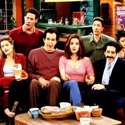 Prompt: photo of the seinfeld cast sitting in the central perk coffee shop from friends, 9 0 s tv promotional image