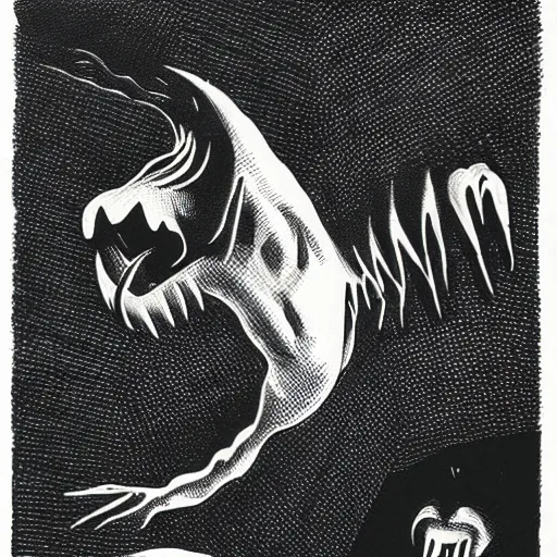 Image similar to surrealist drawing of creature screaming in darkness by francis bacon, risograph, illustration, black and white