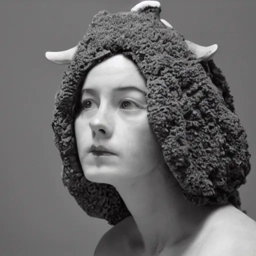 Prompt: A woman with a sheep head, photorealistic, film still
