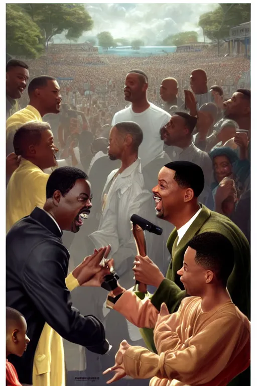 Prompt: Chris Rock Slapping Will Smith’s Face In Front of A- List Celebrities At A Midget Convention, illustration, soft lighting, soft details, painting oil on canvas by Edmund Blair Leighton and Charlie Bowater octane render, HDR, trending on artstation, 4k, 8k, HD