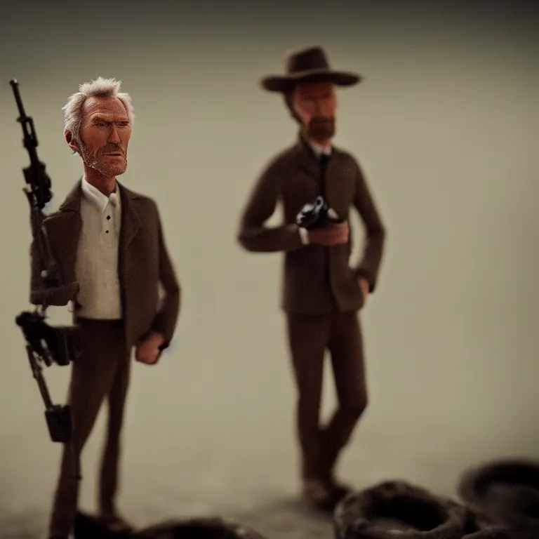 Image similar to a cinematic film still of a claymation stop motion film starring clint eastwood, shallow depth of field, 8 0 mm, f 1. 8