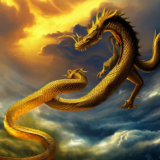 Prompt: a landscape painting of a golden serpent dragon winding through the air in a mountain range, chinese dragon, intimidating clouds, ultrawide angle, depth of field, in a luminist style, 4 k, artstation