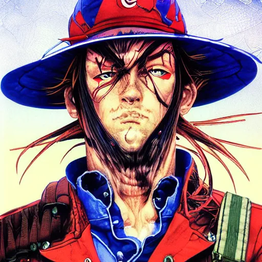 Image similar to portrait closeup of crazy terry bogard, symmetrical, cinematic colors, by yoichi hatakenaka, masamune shirow, josan gonzales and dan mumford, ayami kojima, takato yamamoto, barclay shaw, karol bak, yukito kishiro