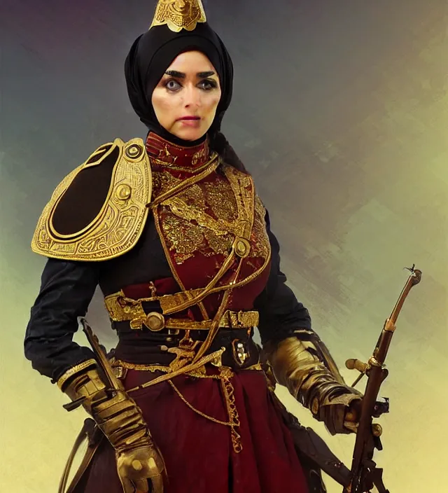 Image similar to portrait of a turkish woman wearing a traditional nineteenth century ottoman empire military uniform, metal shoulder pauldrons, intricate, highly detailed, digital painting, artstation, concept art, sharp focus, cinematic lighting, illustration, art by artgerm and greg rutkowski, alphonse mucha, cgsociety