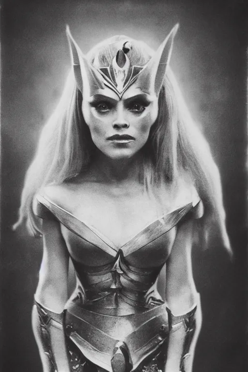 Image similar to she - ra, portrait, full body, symmetrical features, silver iodide, 1 8 8 0 photograph, sepia tone, aged paper, sergio leone, master prime lenses, cinematic