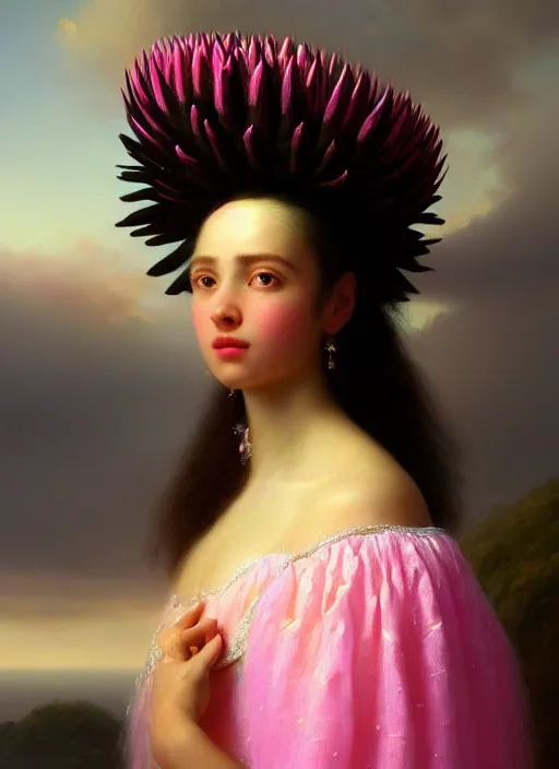 Image similar to stunning colombian godess princess, detailed pink and white protea head peace against a black backdrop by ivan aivazovsky, wlop, super sharp details, photorealism, 5 0 mm lens, oil painting, beautiful soft lighting, muted colours, artstation