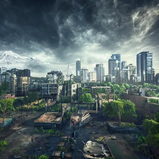 Prompt: a world fallen by disease, seattle completely wasted away, nature taken over and grow over buildings, high quality photorealism, cinematic, epic, Deviantart, artstation, high detail Octane render