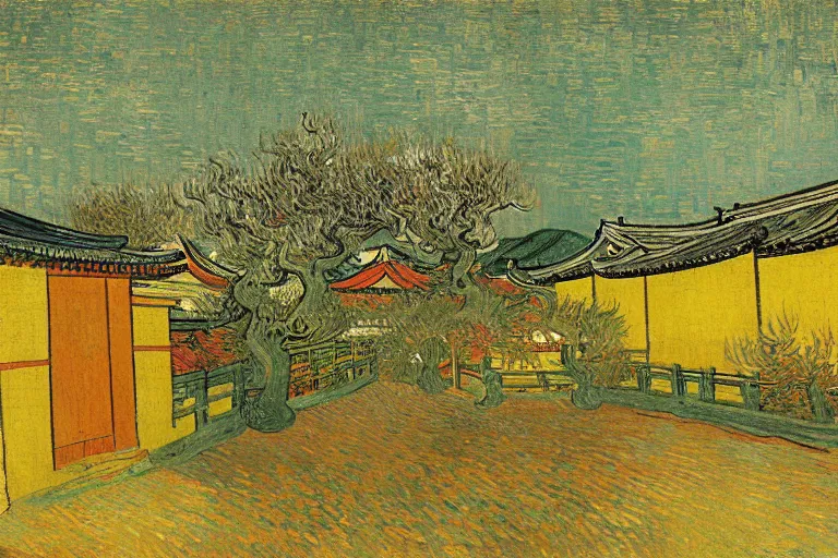 Image similar to japanese scenery in edo period, by vincent van gogh, high saturation, lower yellow color