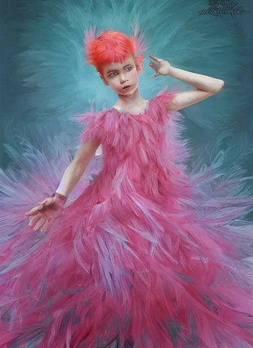 Image similar to beautiful little girl with an pink eccentric haircut wearing an dress made of feathers dancing on stage, artwork made by ilya kuvshinov, inspired in donato giancola, hd, ultra realistic, reflection, stage