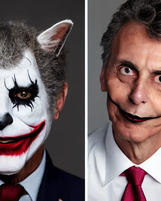 Prompt: Mauricio Macri in Elaborate Cat Makeup and prosthetics designed by Rick Baker, Hyperreal, Head Shots Photographed in the Style of Annie Leibovitz, Studio Lighting, Mauricio Macri as the Joker as a cat