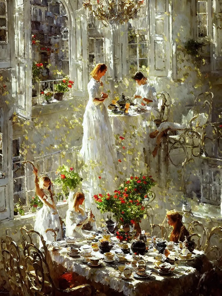 Prompt: friends, high tea, cast shadows, amazing impressionistic oil painting by alexi zaitsev, melinda matyas, denis sarazhin, karl spitzweg, intricate details, fractal leaves, tall windows, high quality, brush strokes, award winning, sharp focus, cool white