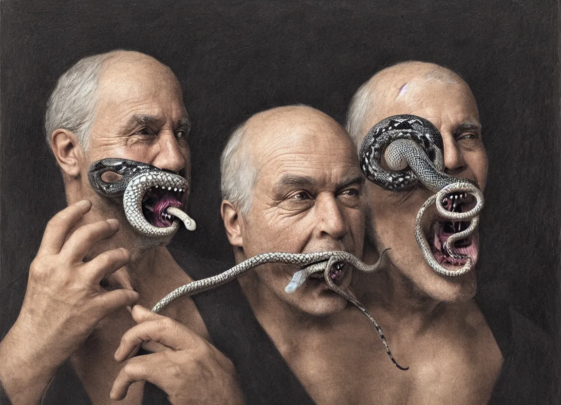 Image similar to Highly detailed portrait of a man with gray hair, a black eye patch, and a snake in his mouth