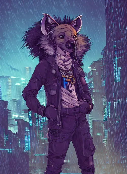 Image similar to character portrait of a male anthro hyena fursona with a tail and a cute beautiful attractive detailed furry face wearing stylish cyberpunk clothes in a cyberpunk city at night while it rains. color page, tankoban, 4K, tone mapping. By Nomax, Kenket, Rukis. comic book style, photorealistic, professional lighting, hyperdetailed, high resolution, high quality, dramatic, deviantart, artstation, 4k, real photo