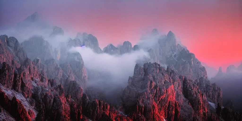 Prompt: 1 9 2 0 s color spirit photography 0 9 1 1 2 1 of alpine sunrise in the dolomites, red lit mountains, fog, by william hope, beautiful, dreamy, grainy