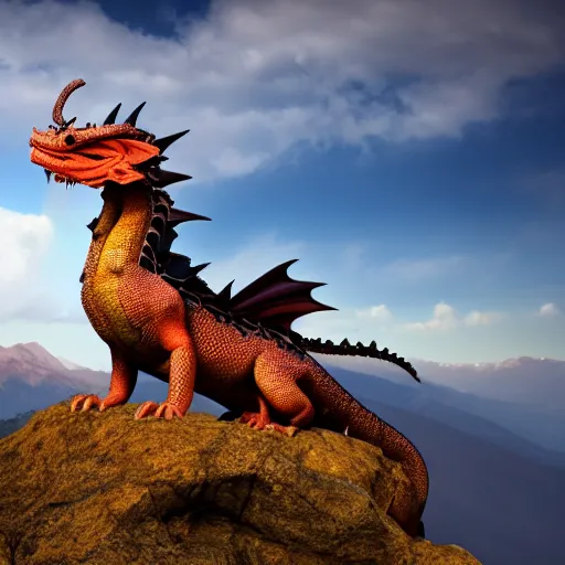 Image similar to A dragon sitting on a mountain, 4K photograph, natural lighting