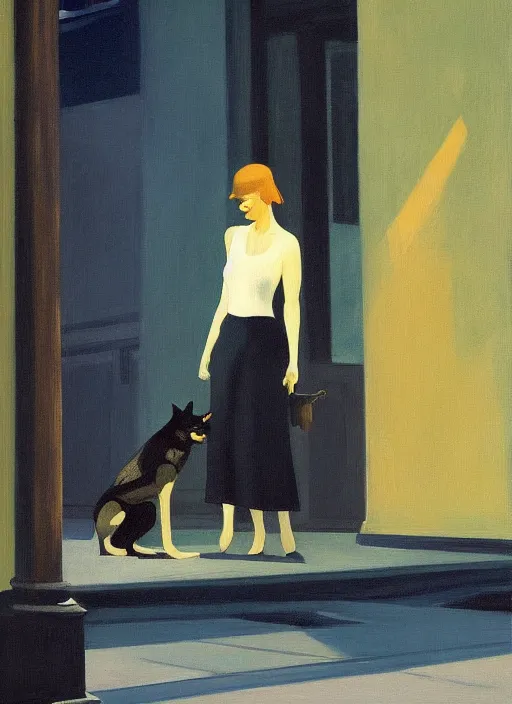 Image similar to woman with a black wolf on the night street by Edward Hopper and James Gilleard, highly detailed