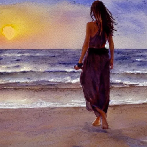 Prompt: a woman walking by the beach at sunset, photorealistic watercolor by Steve Hanks