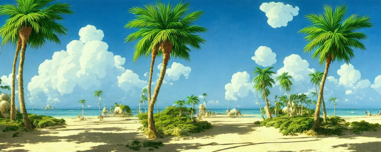 Image similar to ghibli illustrated background of a strikingly beautiful blue sky with puffy white clouds over a tropical beach with palm trees by eugene von guerard, ivan shishkin, john singer sargent, 4 k