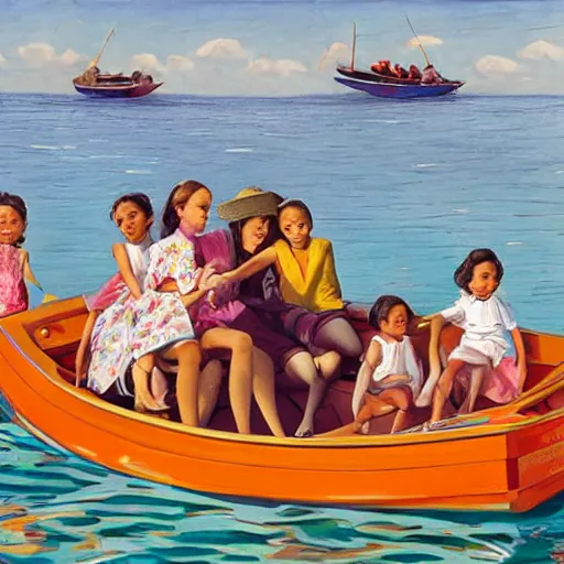 Image similar to lavish by keith parkinson. the experimental art of a group of well - dressed women & children enjoying a leisurely boat ride on a calm day. the women are chatting & laughing while the children play with a toy boat in the foreground.