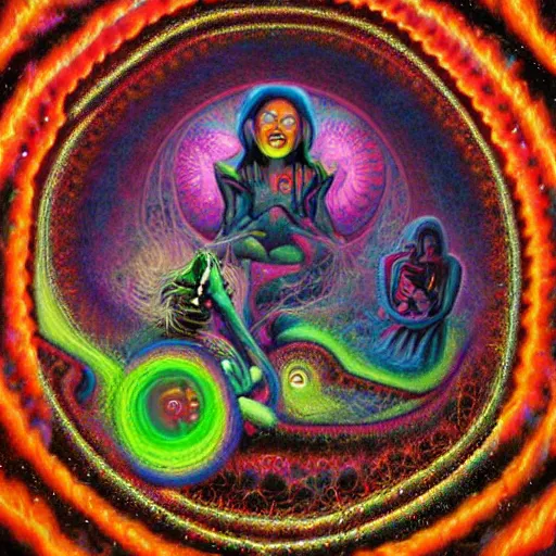 Image similar to Psychedelic DMT experience with inter-dimensional beings and insane trippy visuals in the style of an album cover by Mark Ryden and Alex Gross, Todd Schorr ,(highly detailed, 8k, UHD, fantasy, dream, otherworldly, bizzare, spirals, colourful, vivid)