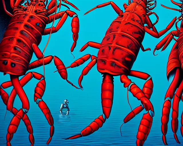 Prompt: Painting of lobster demons by Guy Billout