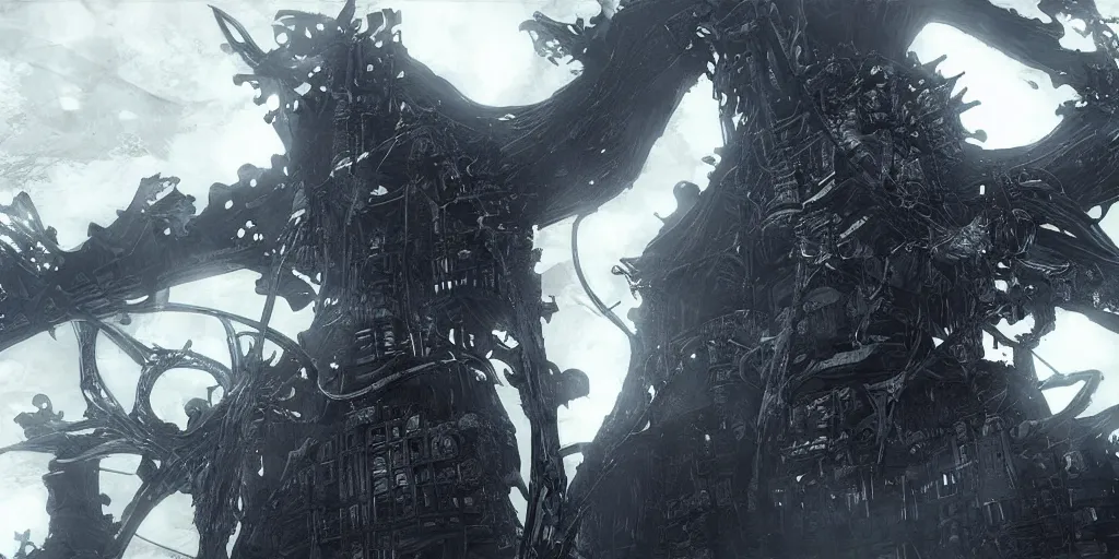 Image similar to grimdark tsutomu nihei blame biomega gothic architecture, unreal engine, 8 k, ultra realistic, ultra detail