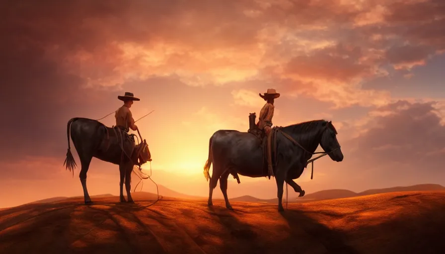 Image similar to cow - boy and his horse admiring sunset from the edge of a hill, desert, hyperdetailed, artstation, cgsociety, 8 k