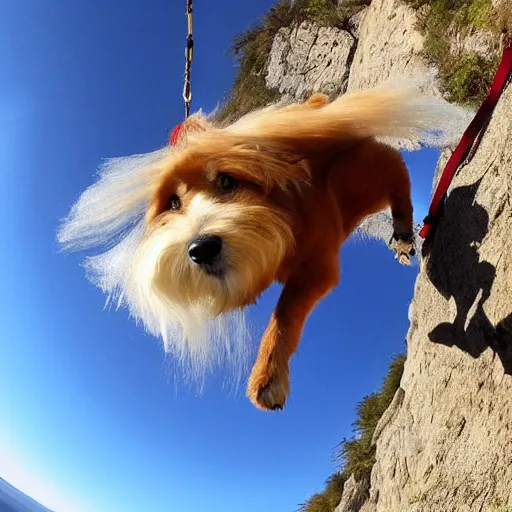 Image similar to a hairy dog with a big parachute jumping from a cliff