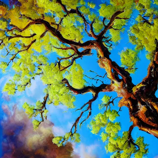 Image similar to oil paint impasto reliefs of looking up at a large sunny oak tree, through to stormy clouds, thick heavy painterly splatter, photographic quality, realistic style - i