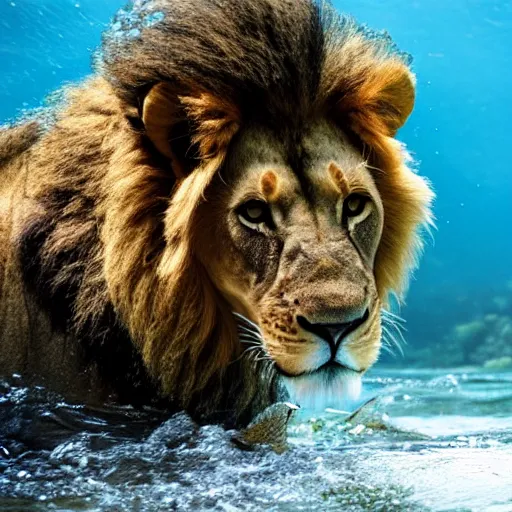 Prompt: photo of lion swimming in river, underwater