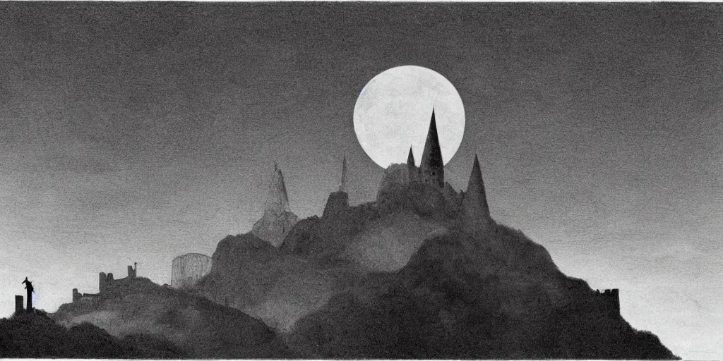 Prompt: a tall and massive pointy topped castle atop a steep mountain, purple fog engulfs the ground below and a big yellow glowing crescent moon lingers above on a dark night