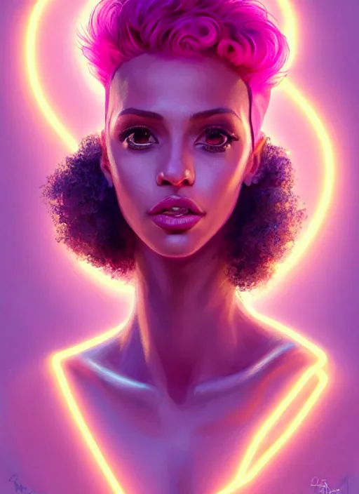 Image similar to portrait of vanessa morgan with bright pink hair, curly pixie cut hair, wearing a purple breton cap, breton cap, hoop earrings, intricate, elegant, glowing lights, highly detailed, digital painting, artstation, concept art, smooth, sharp focus, illustration, art by wlop, mars ravelo and greg rutkowski