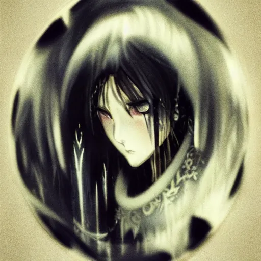 Prompt: Yoshitaka Amano blurred and dreamy illustration of an anime girl with black eyes, wavy white hair fluttering in the wind wearing Elden ring armour with cloack with folds, abstract black and white patterns on the background, reflection in a broken mirror, noisy film grain effect, highly detailed, Renaissance oil painting, weird portrait angle, blurred lost edges, three quarter view