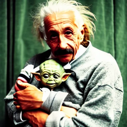 Prompt: sweet photo of Einstein holding baby yoda on his arm