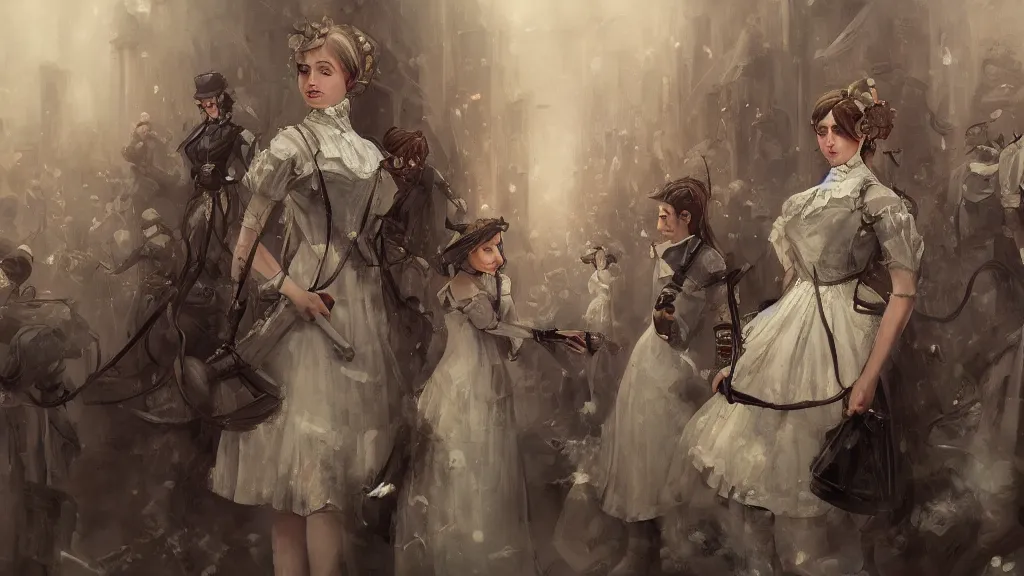 Image similar to thousands of clones of a Victorian maid, dystopia, fantasy, trending on art station, oil painting, concept art