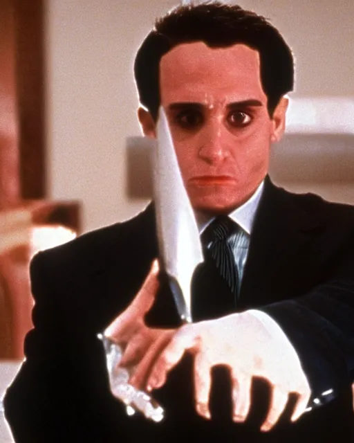 Image similar to danny devito as patrick bateman in american psycho