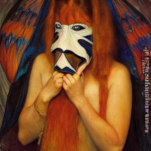 Prompt: the guest in her moth mask, by Annie Swynnerton and Diego Rivera, symbolist, dramatic lighting, elaborate geometric ornament, god rays, rich colors,smooth, sharp focus, extremely detailed