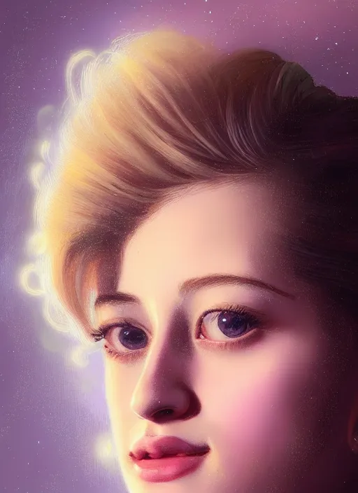 Image similar to portrait of lili reinhart with fluffy bangs, smiling kindly, bangs, 1 9 6 0 s, ponytail, curly bangs and ponytail, intricate, elegant, glowing lights, highly detailed, digital painting, artstation, concept art, smooth, sharp focus, illustration, art by wlop, mars ravelo and greg rutkowski